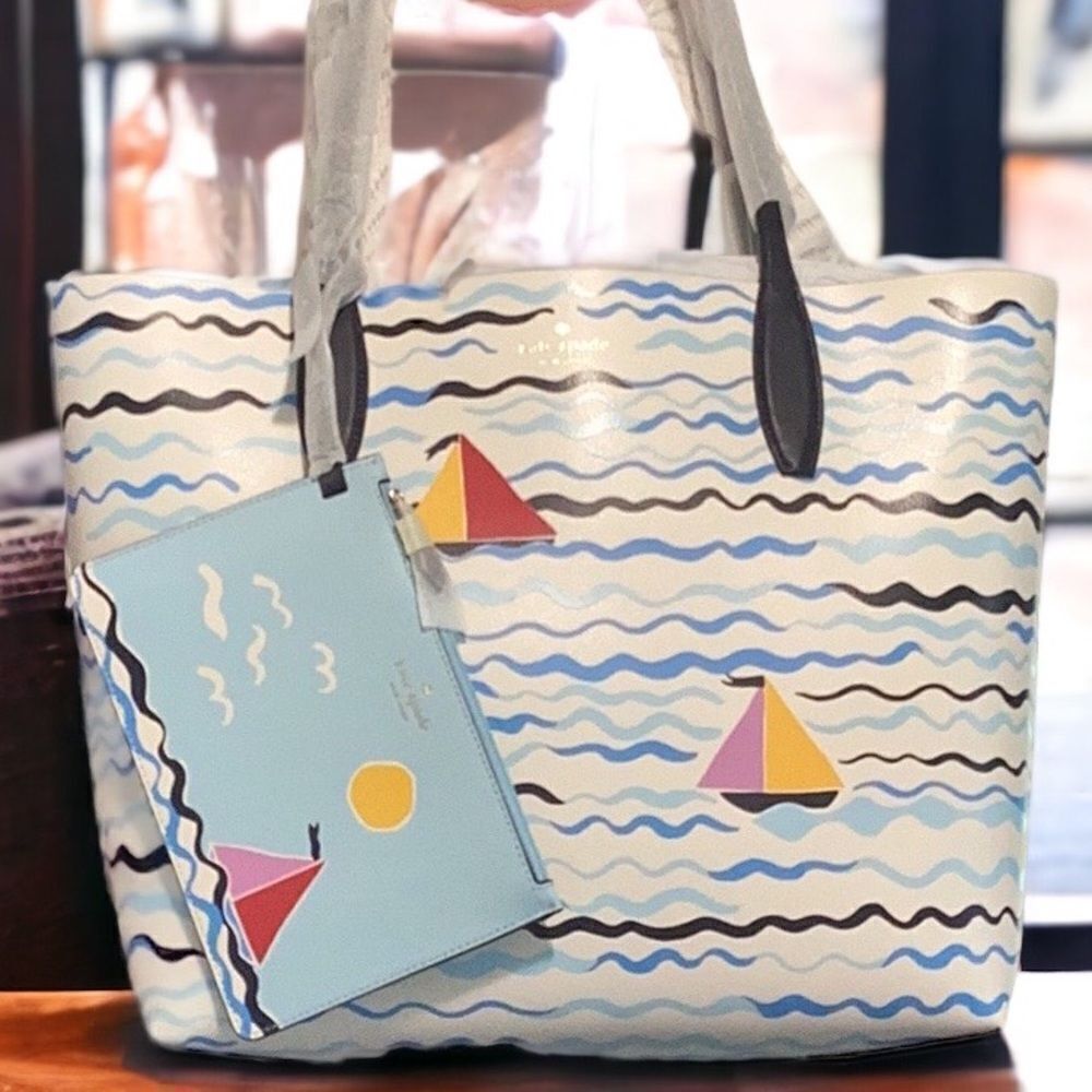 KATE SPADE SET SAIL LARGE LEATHER TOTE BAG BEACH SUMMER WITH COSMETIC WRISTLET - Picture 3 of 8